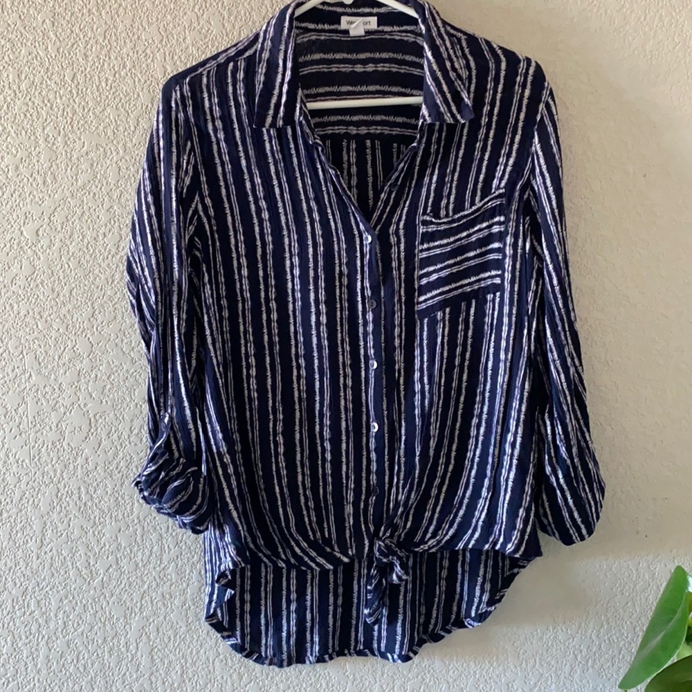 Navy and White Striped Button-up Blouse